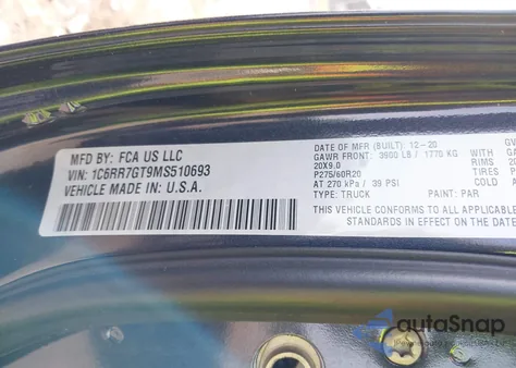 2021 Ram 1500 Classic Warlock 4X4 6'4 Box z USA, uszkodzony, nr VIN 1C6RR7GT9MS510693